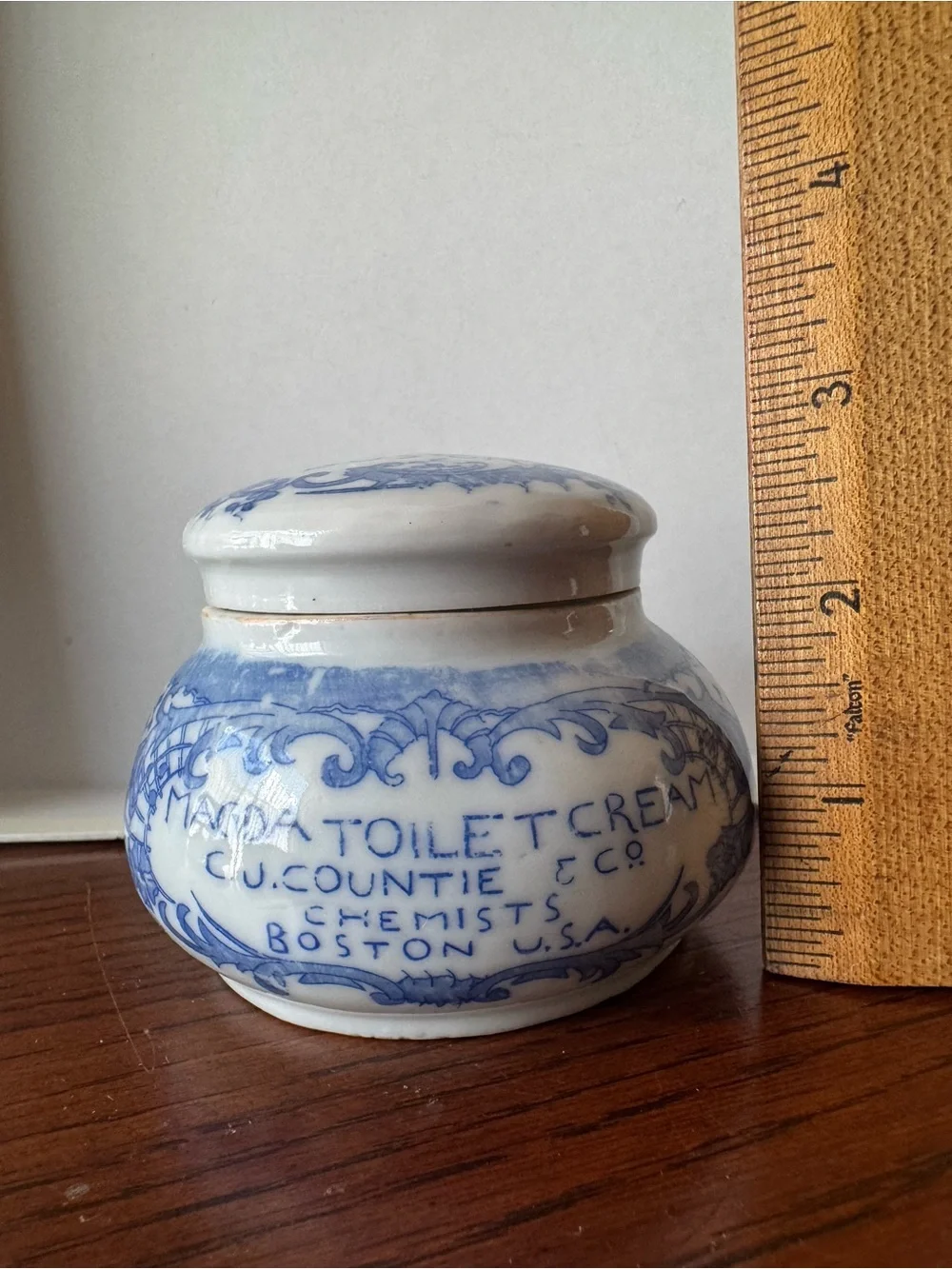 Antique Cobalt Blue Countie of Boston Magda Toilet Porcelain Cream Jar Pot Lid